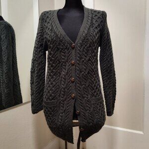 INIS CRAFTS Ireland Cardigan Sweater Green Merino Wool Cable Knit Women Medium